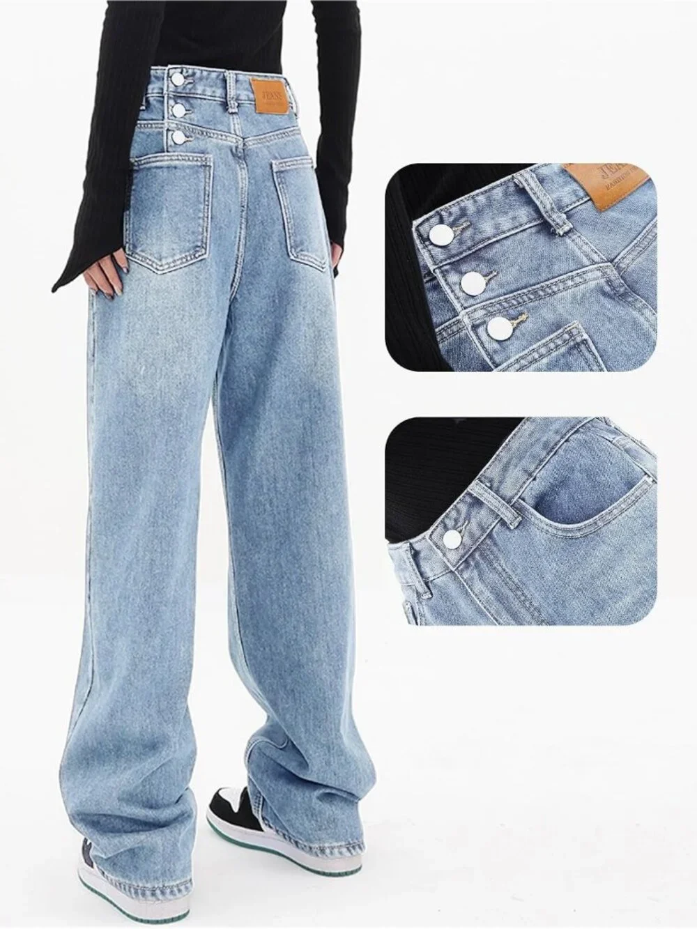 Women's Sky Blue Denim Y2k Straight Leg Button Zipper High Waisted Baggy Jeans